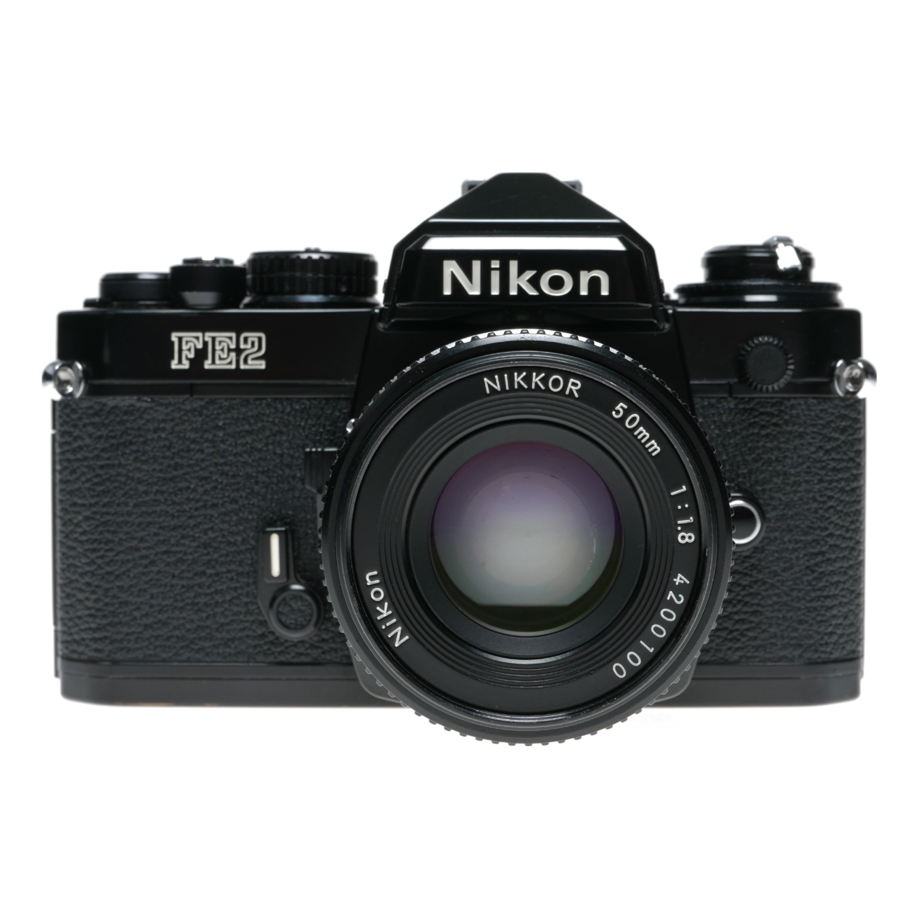 Nikon FE2 Black SLR 35mm film camera 24mm, 50mm 2 lens set