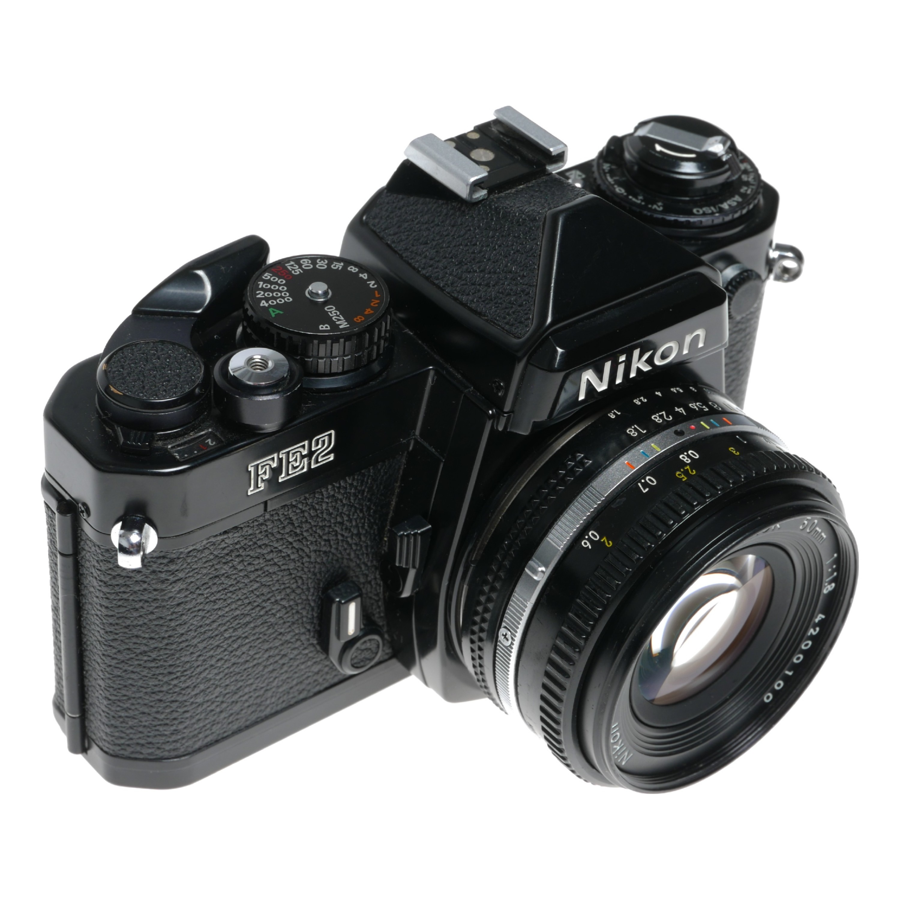 Nikon FE2 Black SLR 35mm film camera 24mm, 50mm 2 lens set