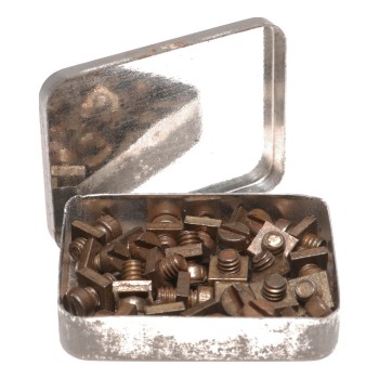 Meccano 25 Brass Nuts Bolts 37a 37b in Vintage Tin (F)