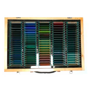 Russian Optics Set of 8x8cm Coloured Optical Glass Samples in Wood Case