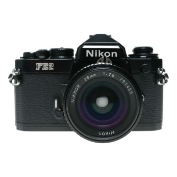 Nikon FM2 SLR Black Film Camera 1:2.8/28 Nikkor 1:2.5/105 Lenses Caps