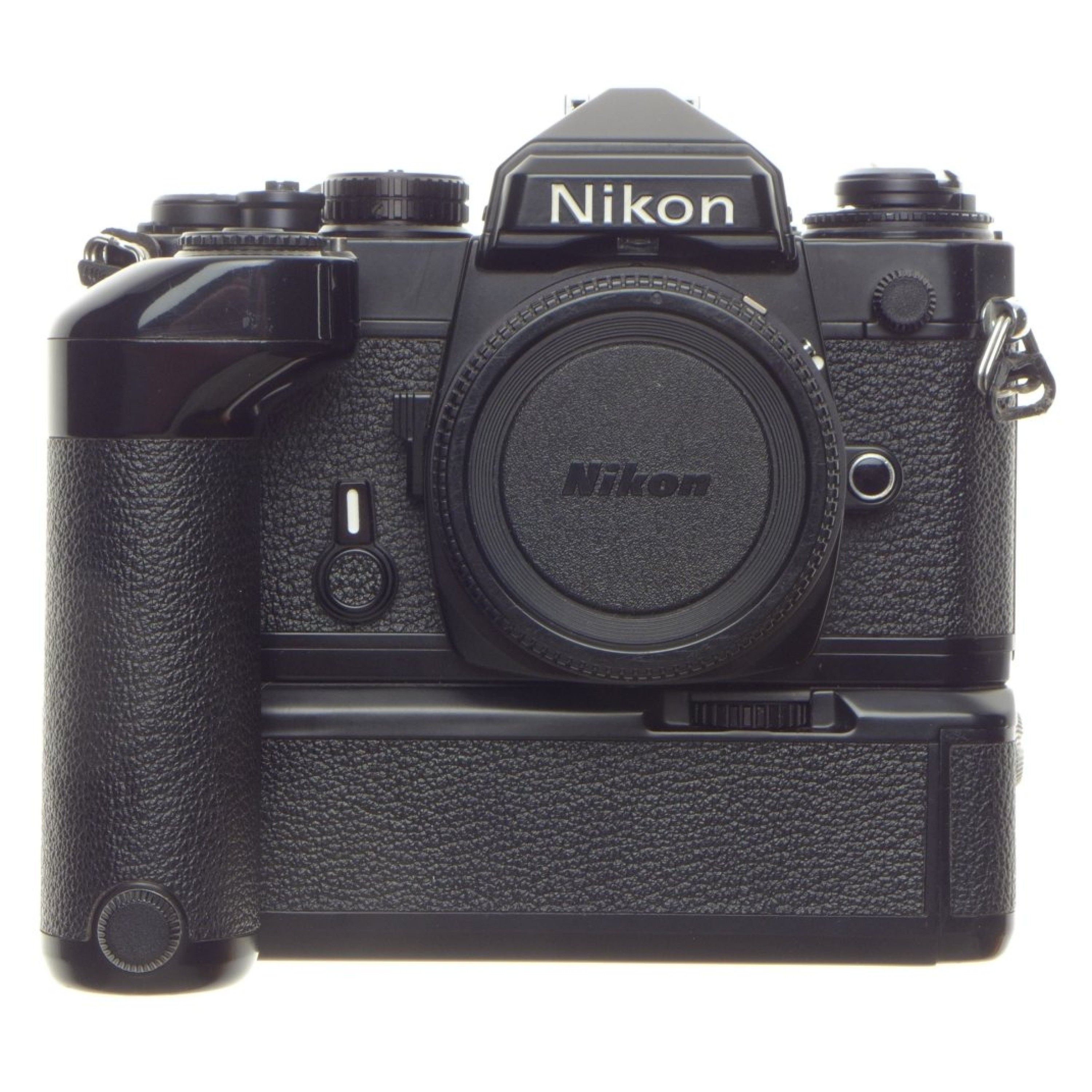 Black NIKON FE 35mm SLR classic film camera body with MD-12
