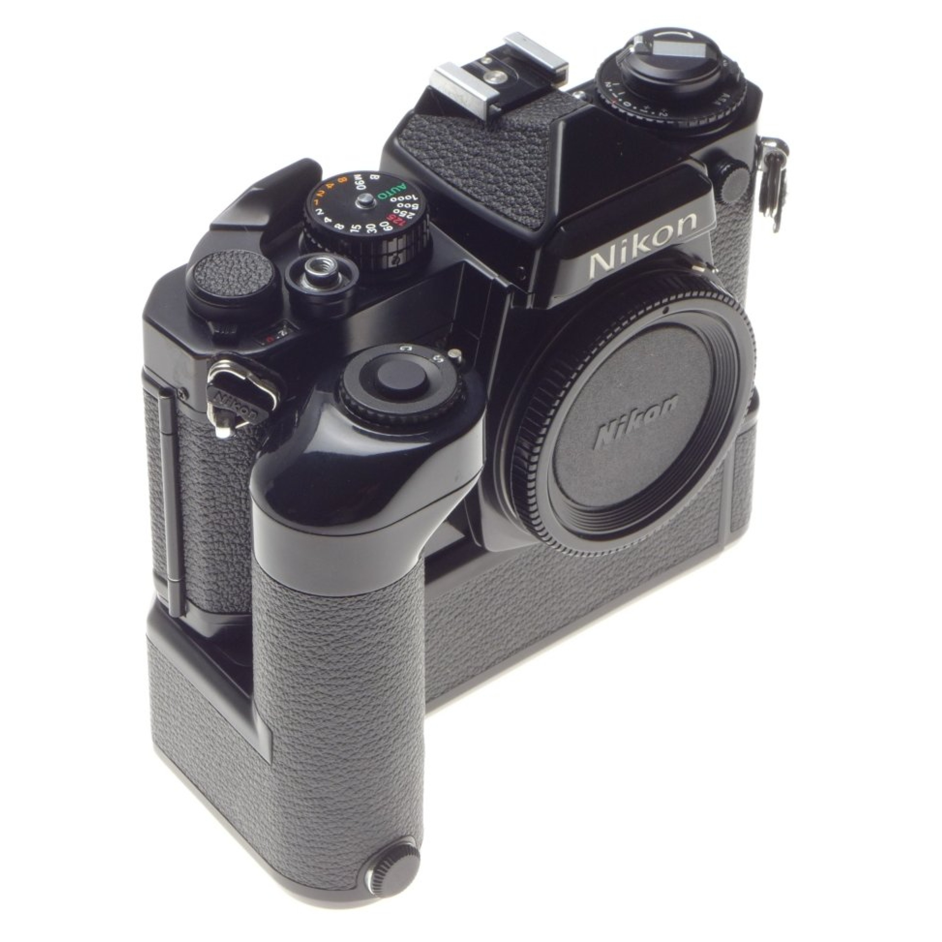 Black NIKON FE 35mm SLR classic film camera body with MD-12 motor