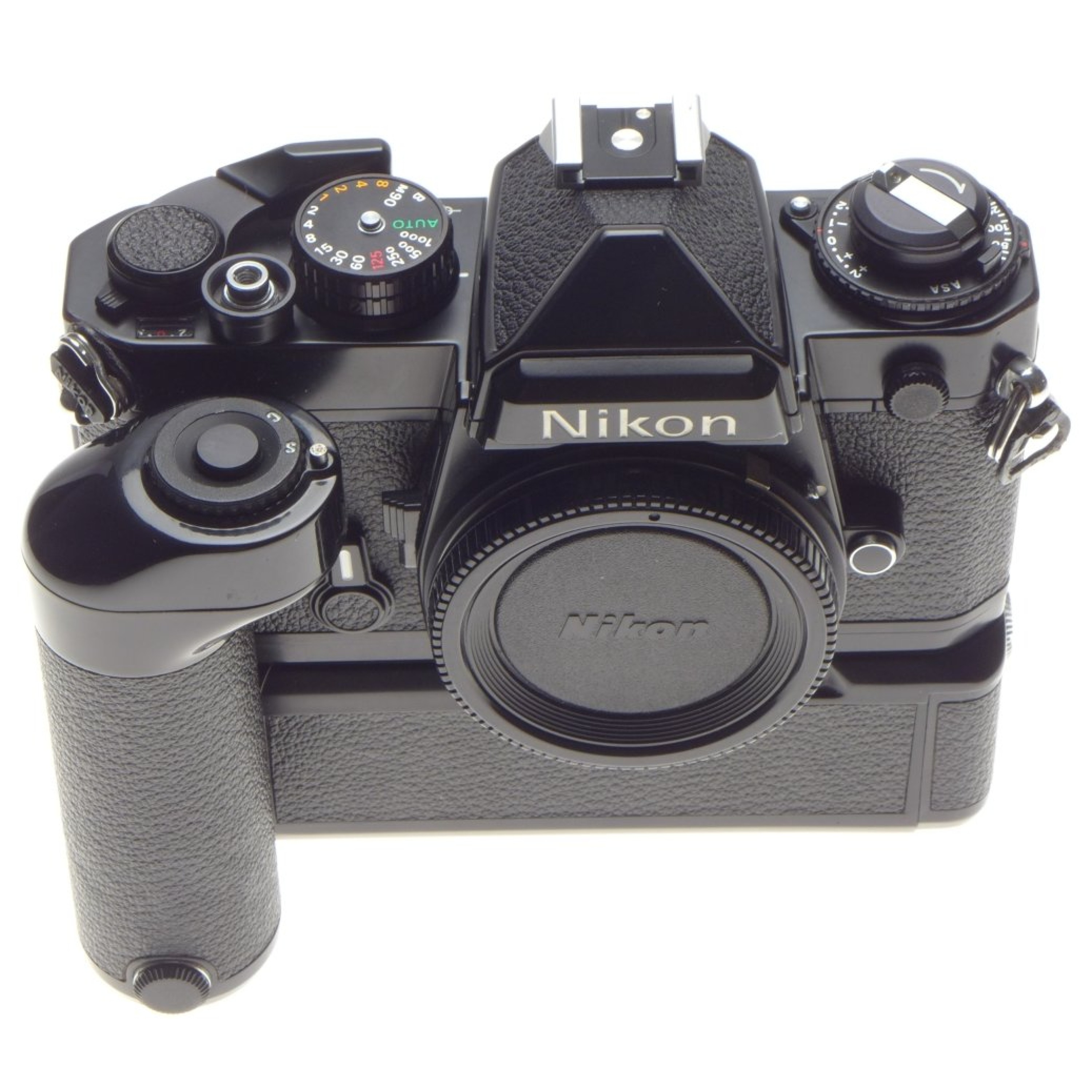 Black NIKON FE 35mm SLR classic film camera body with MD-12