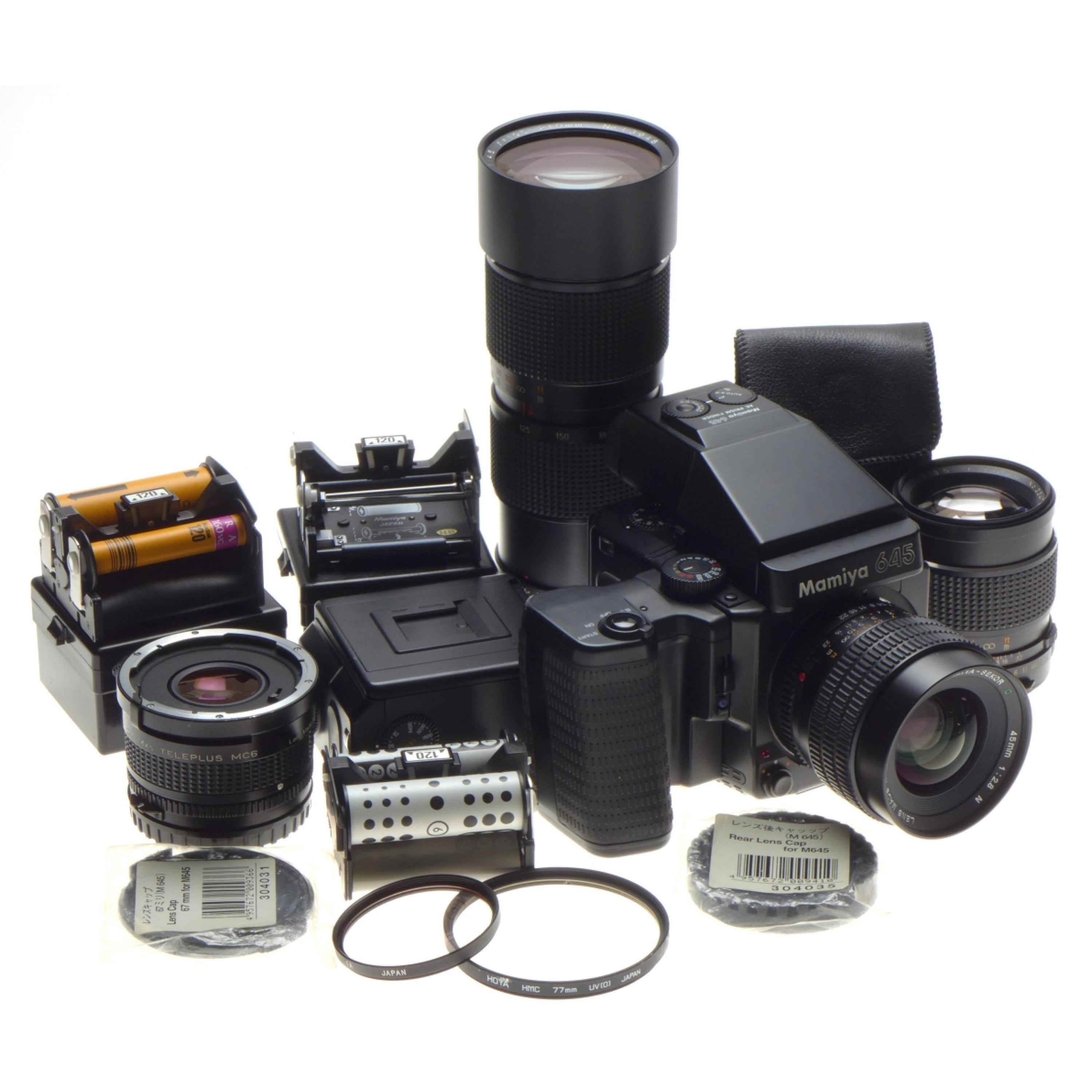 MAMIYA 645 SUPER Mega medium format camera kit grip, winder, prism, 3 lenses, converter, backs inserts MAMIYA 645 SUPER Mega medium format camera kit grip, winder, prism, 3 lenses, converter, backs inserts
